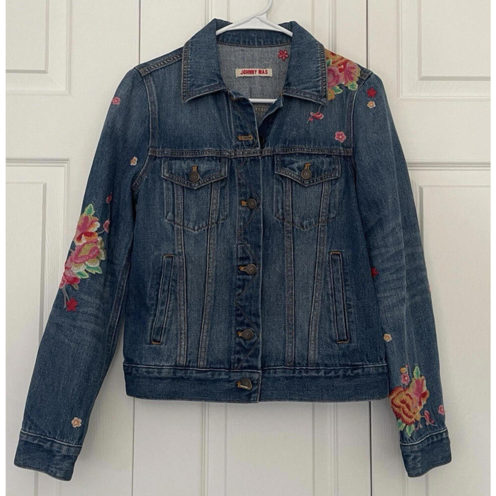 Johnny Was Dark Blue Denim Jacket with Multicolor Floral Embroidery